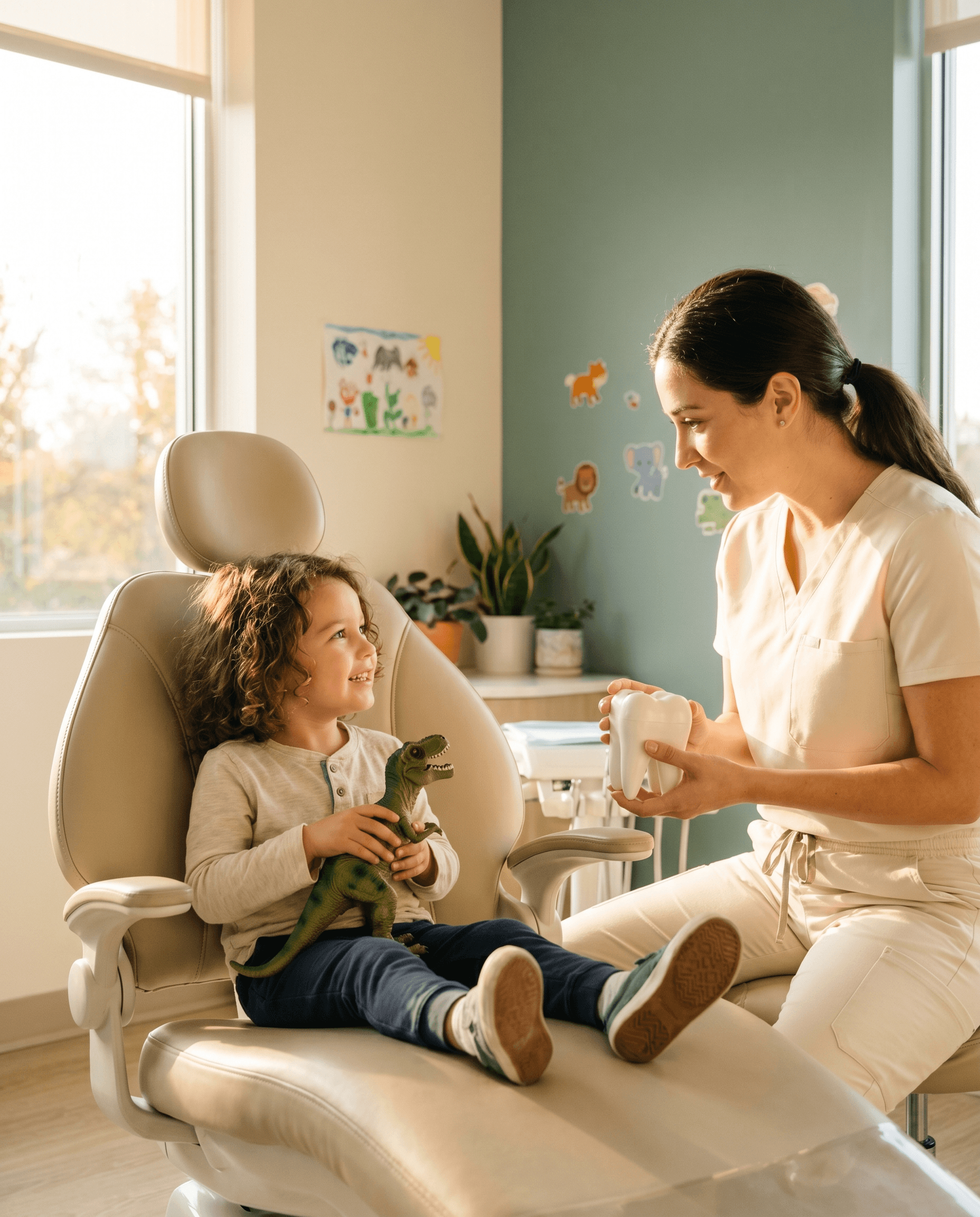 A young child smiling during their first dental visit at Vedha Family Dentistry